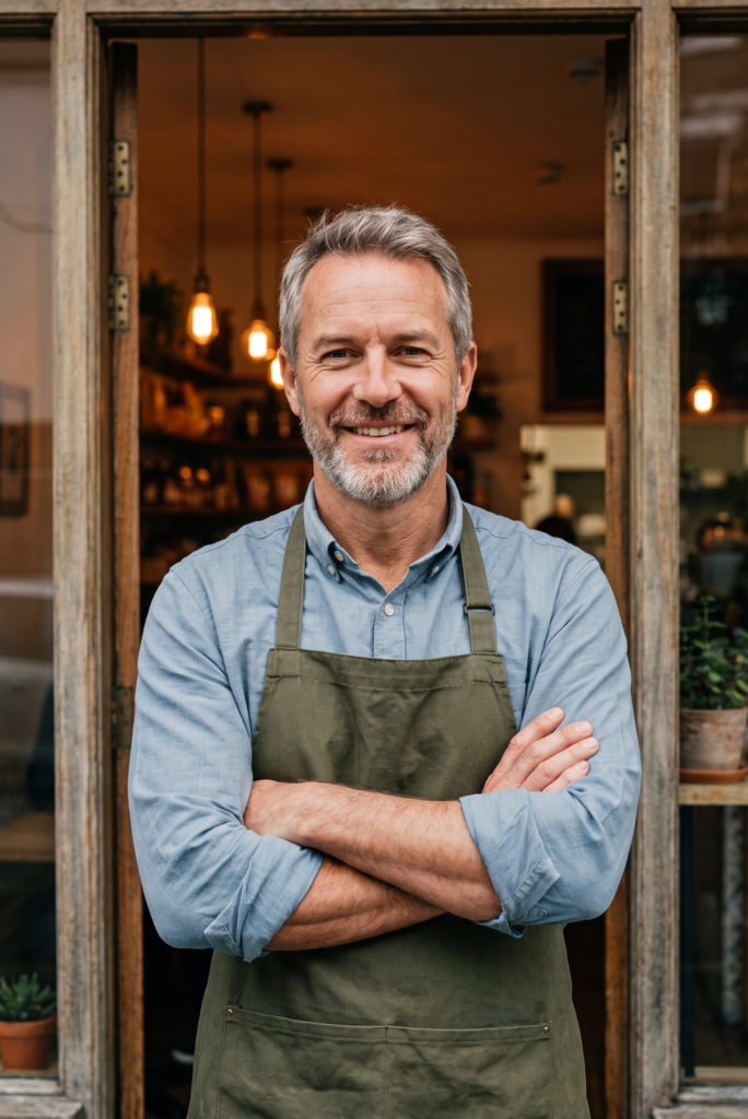 Man standing at cafe entrance